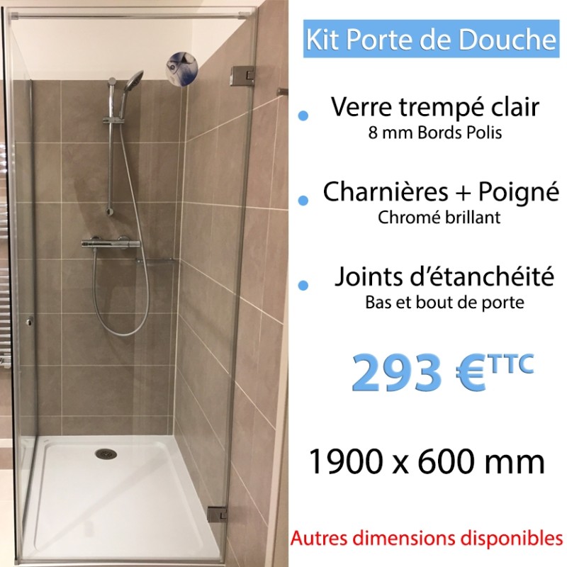 Kit porte de douche en verre trempé 190 x 60 cm