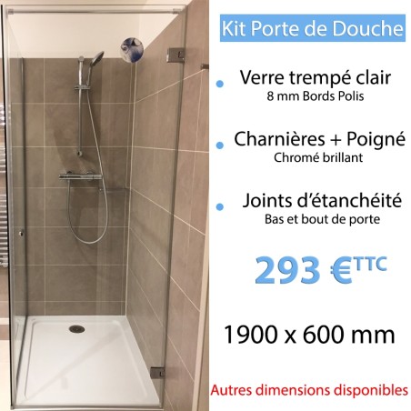 Kit porte de douche en verre trempé 190 x 60 cm