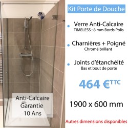 Kit porte de douche en verre anti-calcaire 190 x 60 cm