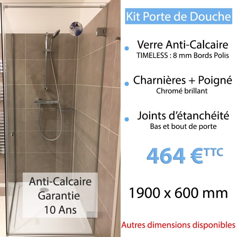 Kit porte de douche en verre anti-calcaire 190 x 60 cm