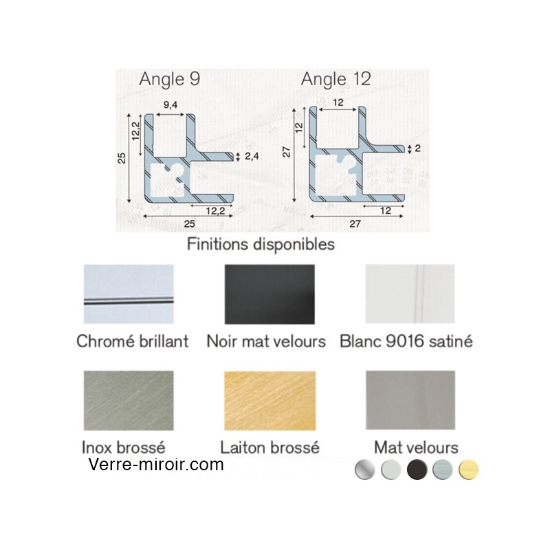 Profile angle verre U9-U12 clipper diffusion chrome noir laiton brosse inox 