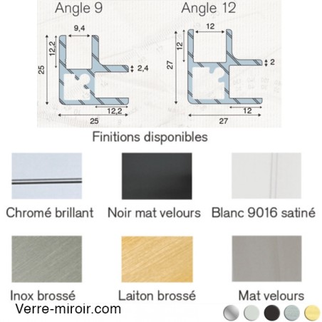 Profile angle verre U9-U12 clipper diffusion chrome noir laiton brosse inox 