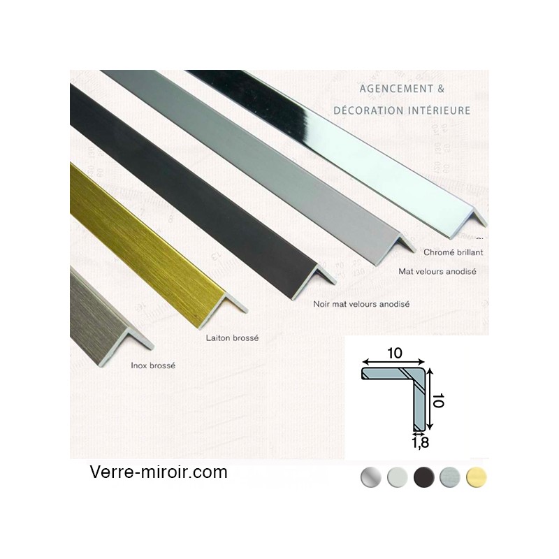 Cornière aluminium décorative 10x10mm chromé, mat, noir mat, inox brossé et laiton brossé