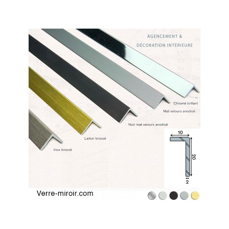 Cornière aluminium décorative 10x20 mm chromé, mat, noir mat, inox brossé et laiton brossé