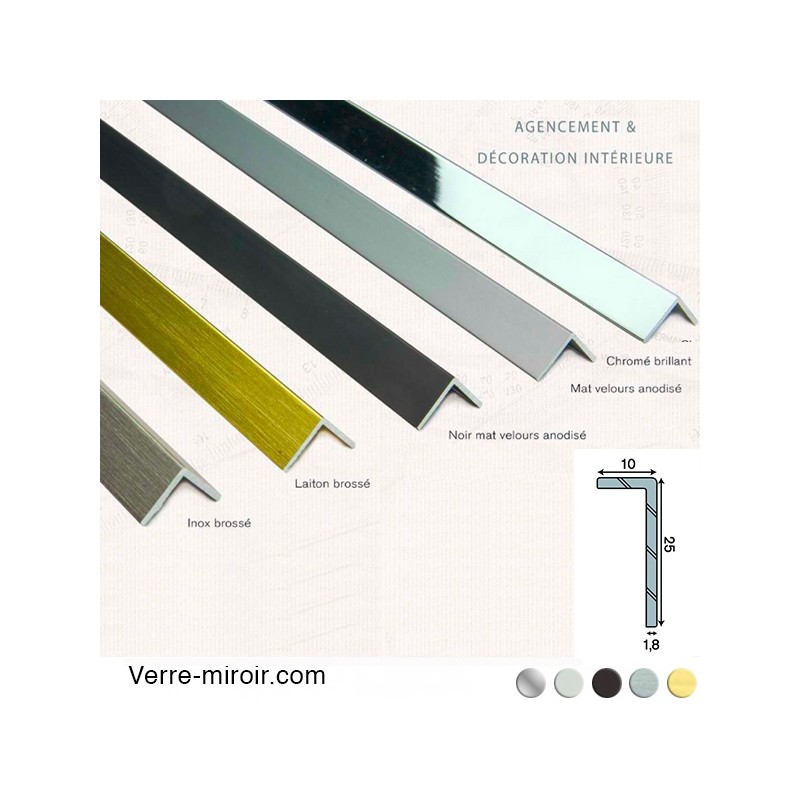 Cornière aluminium décorative 10x25 mm chromé, mat, noir mat, inox brossé et laiton brossé