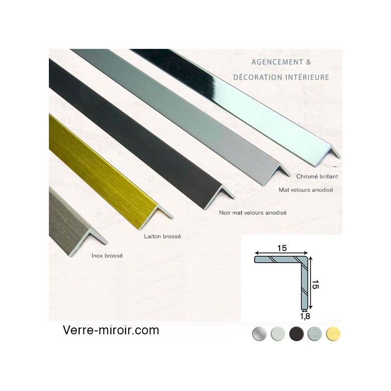 Cornière aluminium décorative 15x15 mm chromé, mat, noir mat, inox brossé et laiton brossé