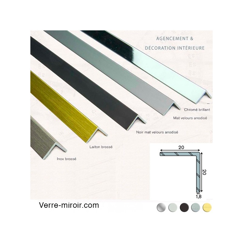 Cornière aluminium décorative 20x20 mm chromé, mat, noir mat, inox brossé et laiton brossé