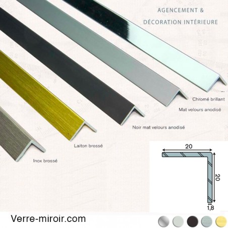Cornière aluminium décorative 20x20 mm chromé, mat, noir mat, inox brossé et laiton brossé