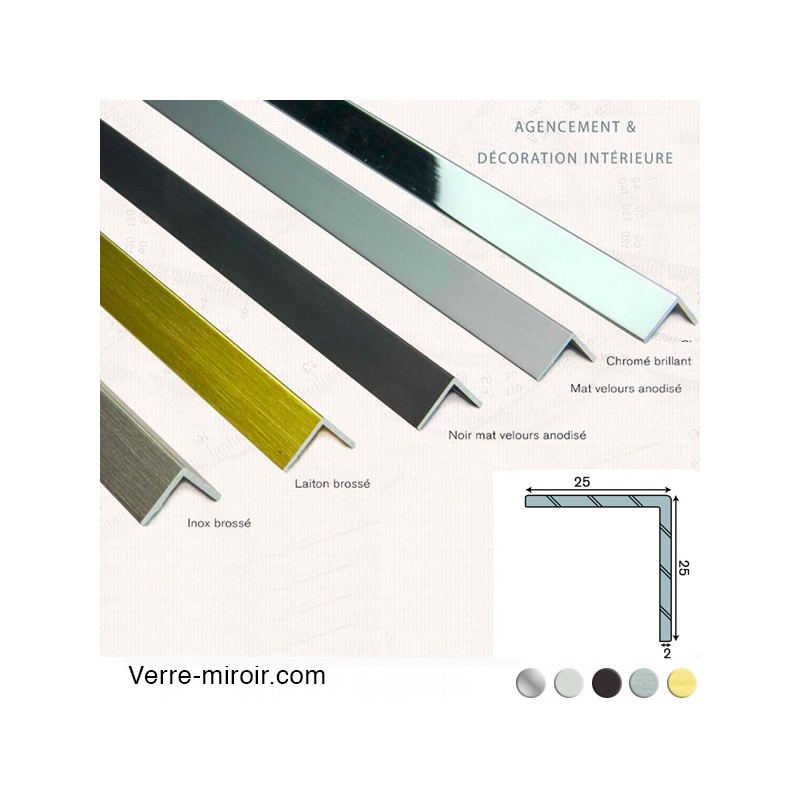 Cornière aluminium décorative 25x25 mm chromé, mat, noir mat, inox brossé et laiton brossé