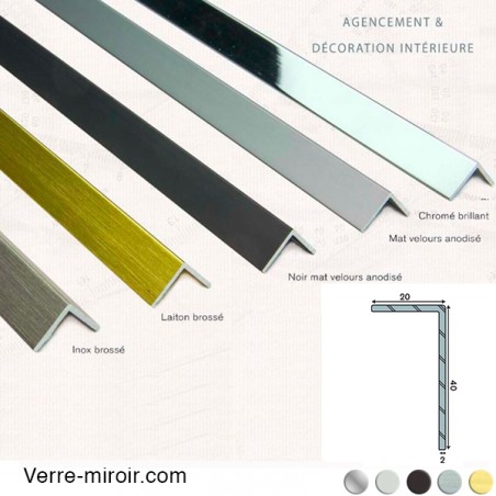 Cornière aluminium décorative 40x20 mm chromé, mat, noir mat, inox brossé et laiton brossé