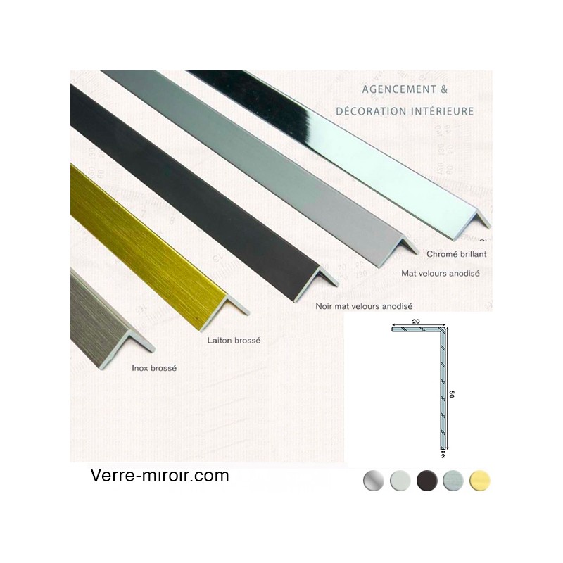 Cornière aluminium décorative 50x20 mm chromé, mat, noir mat, inox brossé et laiton brossé
