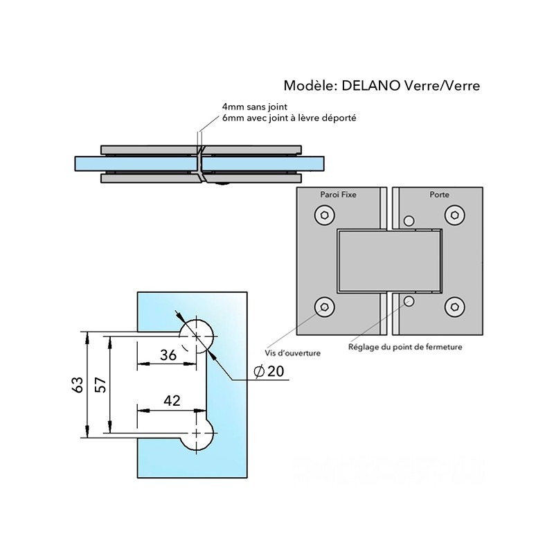 Charnière double canon de fusil pour porte de douche verre