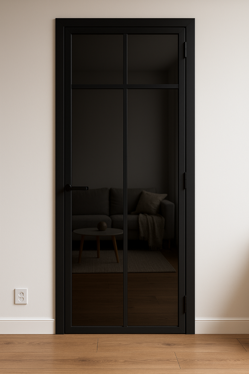 Cloison et porte en verre teinté dark grey / noir sur mesure — style contemporain