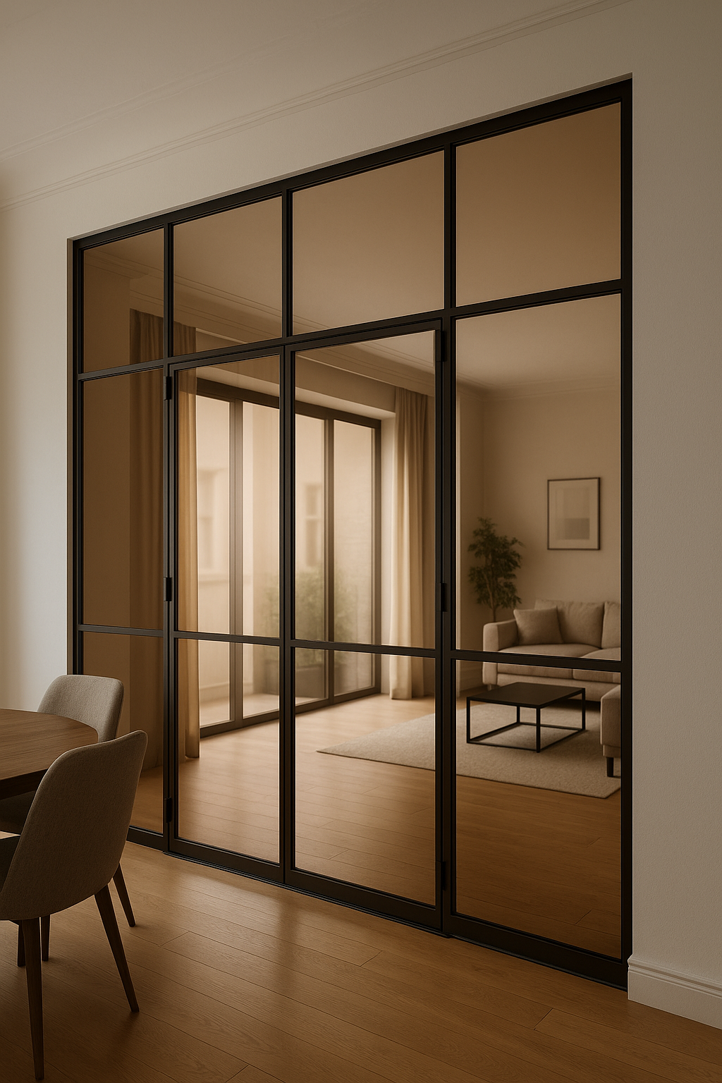 Cloison verrière intérieure en verre trempé teinté bronze sur mesure — teinte chaude et décorative