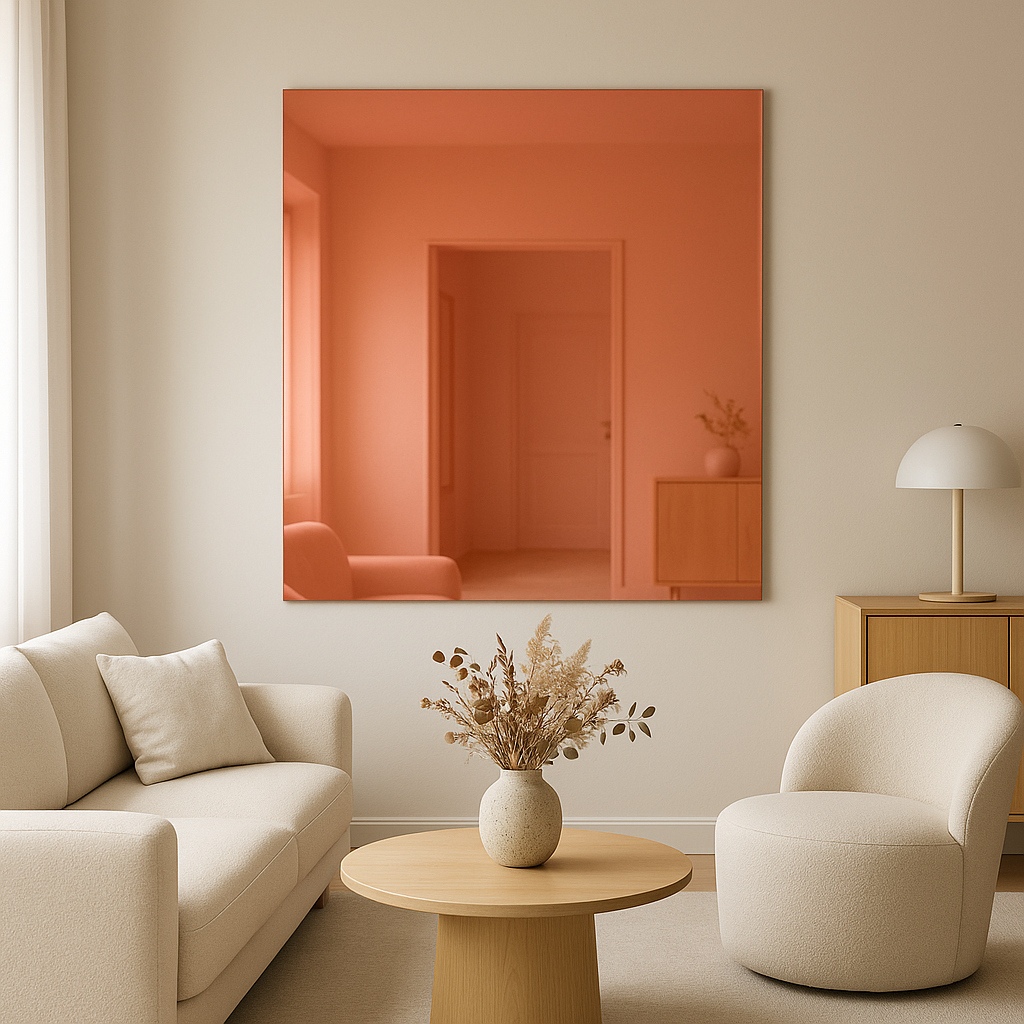 Miroir corail sur mesure dans un salon — teinte corail décorative, rendu très premium