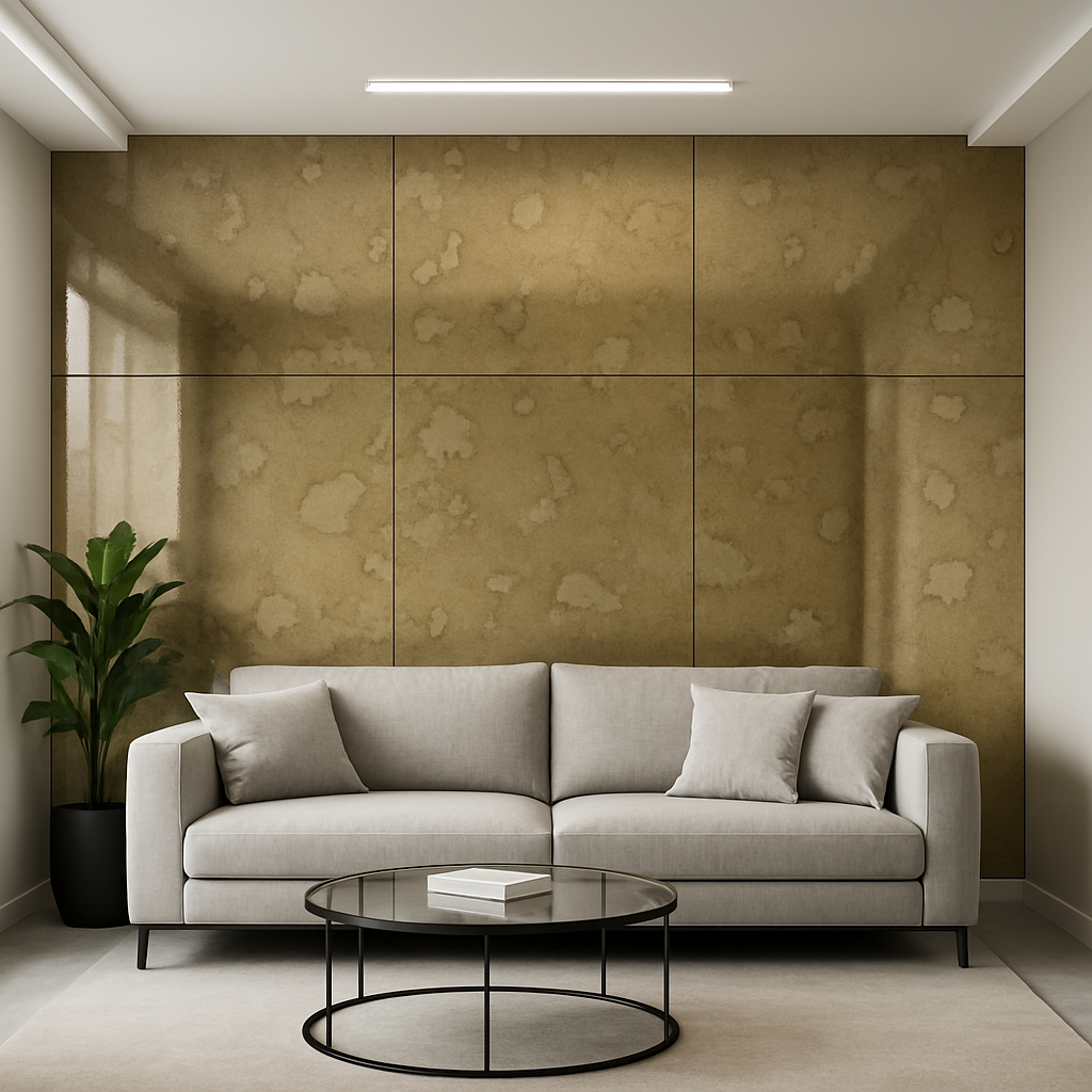 Miroir vieilli bronze dans un salon — teinte chaude, effet vintage chic