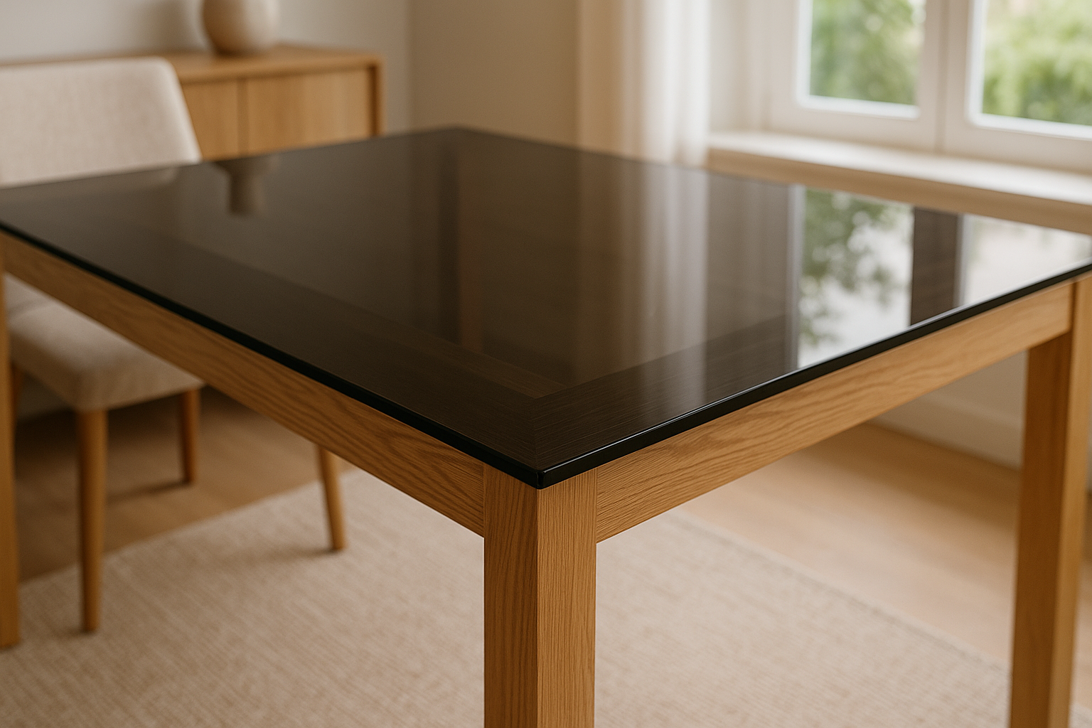 Plateau de table en verre fumé noir trempé sur mesure — bords polis possibles